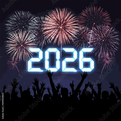Happy New Year 2026 celebration with a cheering crowd and fireworks.