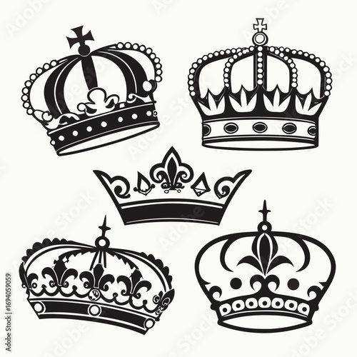 Royal crowns and fleur de lis emblems silhouette black