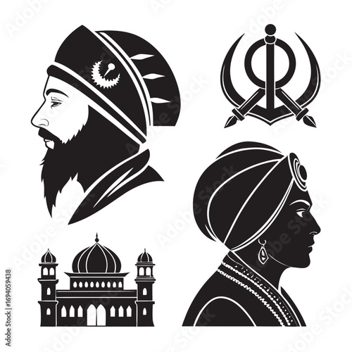 Sikh cultural icons and building silhouettes turban
