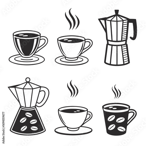 Six coffee cups and pots moka espresso