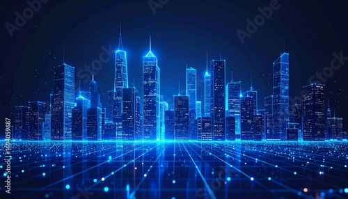A futuristic city skyline bathed in a radiant blue glow, highlighting the advanced technological landscape
