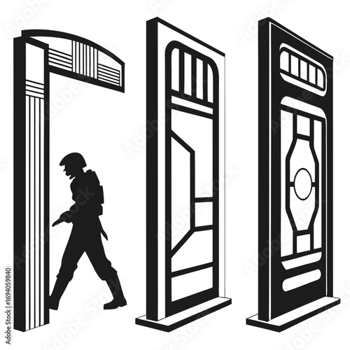 Soldier entering archway between decorative pillars