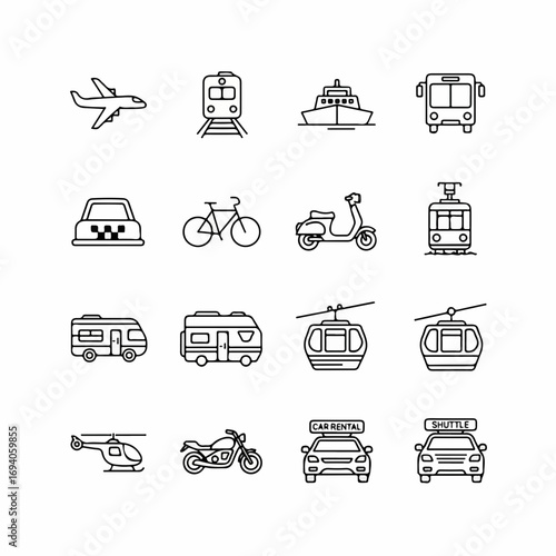 Set of Transportation Line Icons for Various Vehicles.