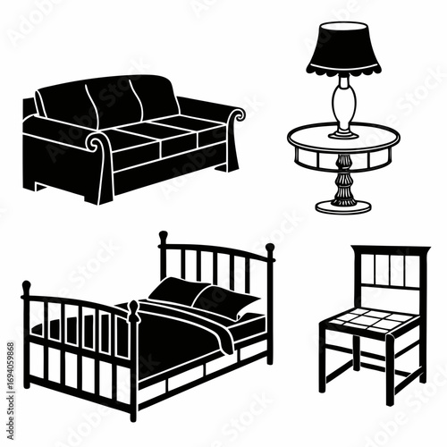 Sofa bed table chair lamp silhouettes vector