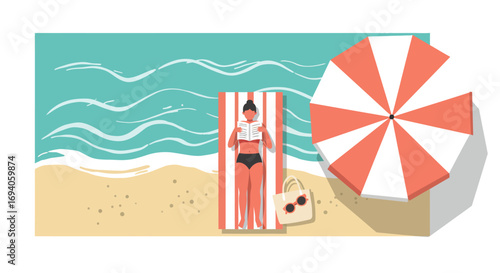 Person relaxing on beach towel under umbrella near the ocean.