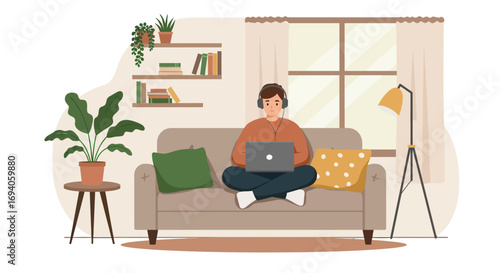 Person Working on Laptop on Couch in Cozy Room.