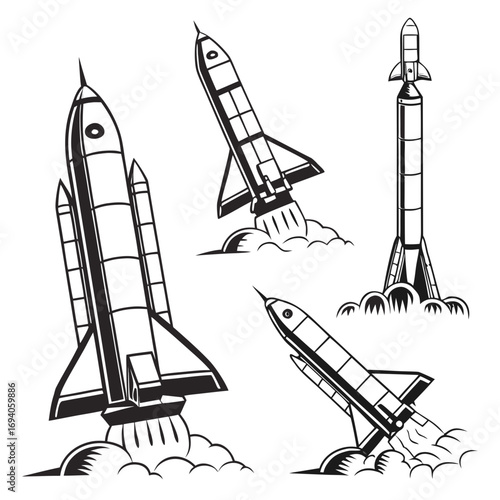 Space rockets ascending from launch pads space shuttle