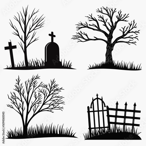 Spooky graveyard scene silhouettes cemetery tombstone