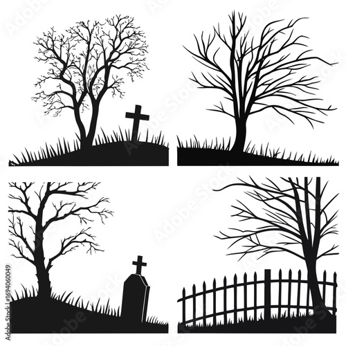 Spooky graveyard silhouettes bare trees and tombstones