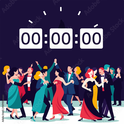 Stylish couples in formal attire dancing at a midnight celebration party.