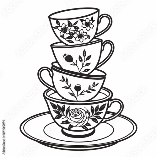 Stacked floral teacups and saucer dessert plate