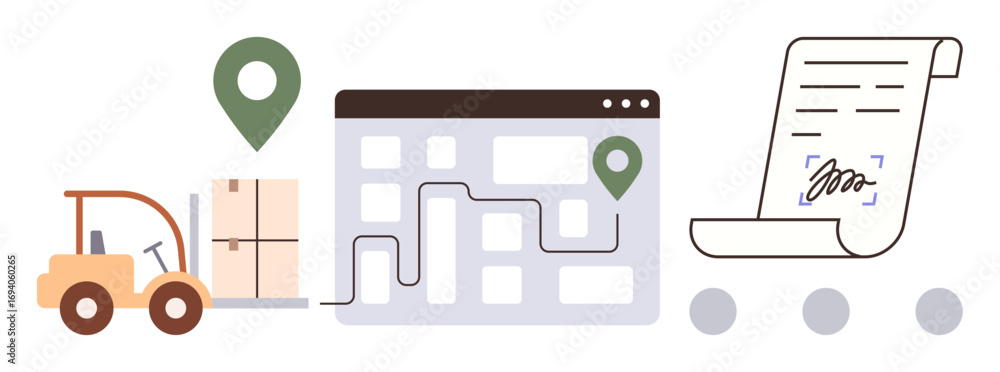 Fototapeta premium Forklift carrying packages, navigation map showing route with checkpoints, and signed documents highlight logistics and supply chain processes. Ideal for delivery, shipping, tracking, operations