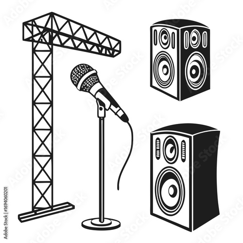 Stage equipment silhouettes microphone speakers crane