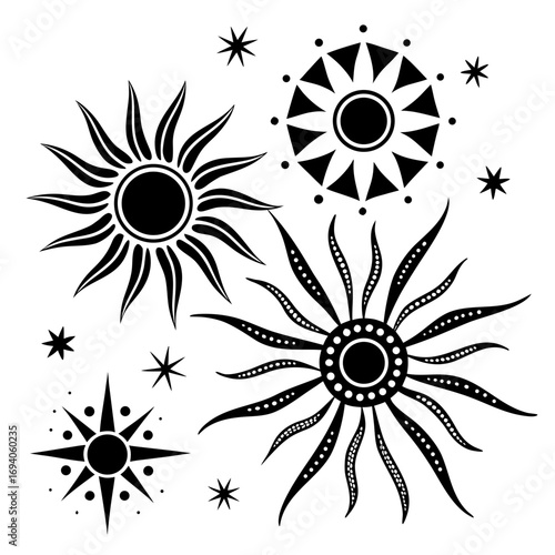 Stylized sunburst and starburst shapes celestial solar