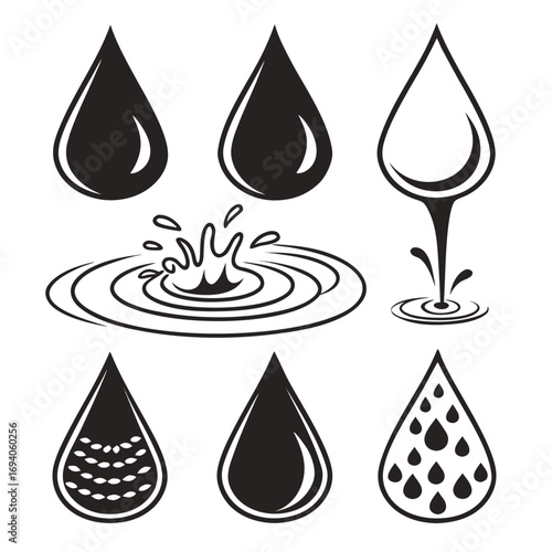 Stylized water drop shapes and splashes water drops
