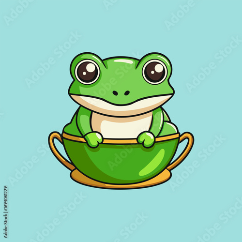 frog looks funny while floating in a cup of green tea