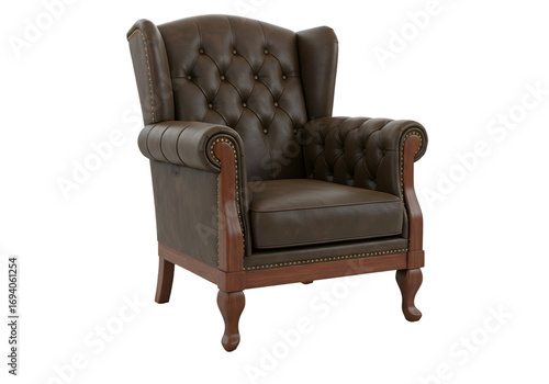 Elegant Brown Leather Wingback Armchair Classic Design Luxurious Comfort on transparent background