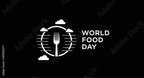 World Food Day Icon: White Fork in Global Circle with Clouds