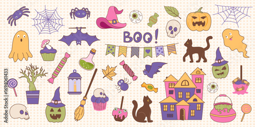 Set of Halloween objects. Halloween collection of cliparts. Vector flat elements in retro style.