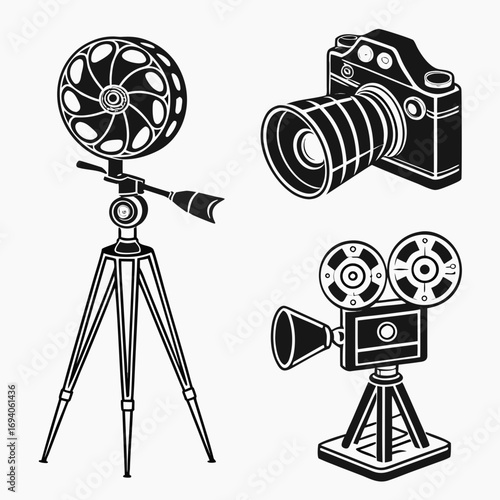 Vintage film camera and projector icons retro