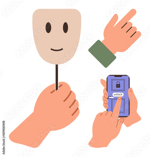 Smiling face mask, pointing hand, phone with unlock screen emphasize privacy, identity, cybersecurity. Ideal for identity verification, data security, anonymity, technology control deception