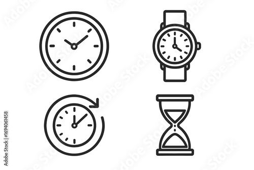 Time icon set simple line art vector. Clock, watch, hourglass, timer symbols collection. Outline design for concepts like deadline, schedule, history and time management.