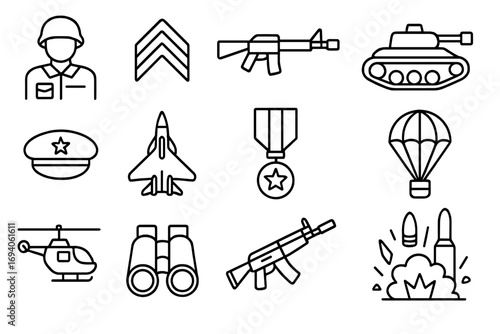 Army line icon set. Military and defense outline signs collection. Soldier, weapon, tank, jet, helicopter vector icons. War and battle symbols for graphic design, web, apps.