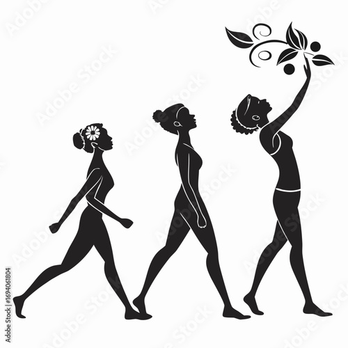 Women reaching for fruit evolving silhouette evolution