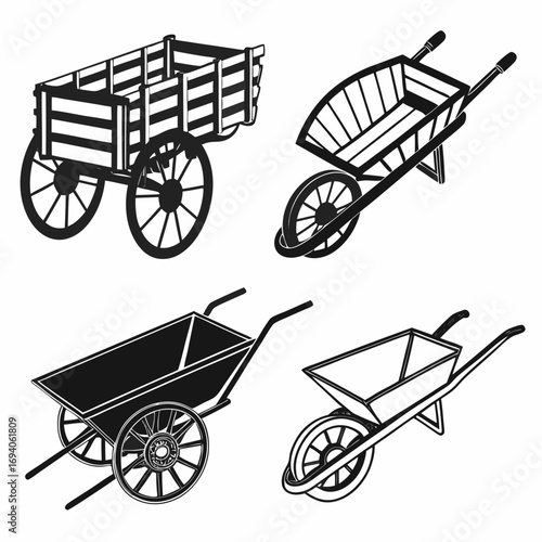Wooden cart wheelbarrow silhouettes wagon transport