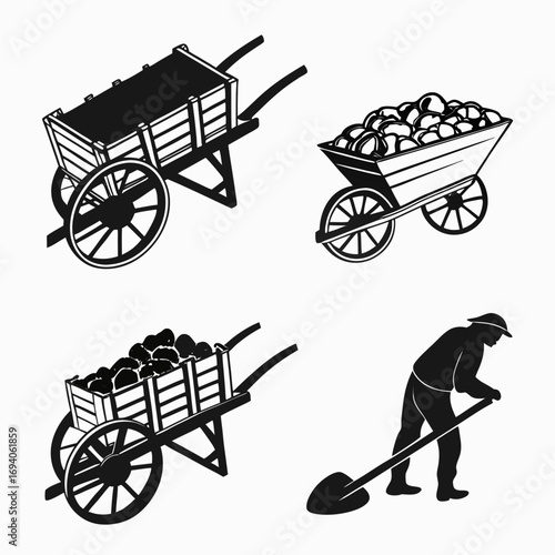 Wooden carts and wheelbarrow with harvest and worker