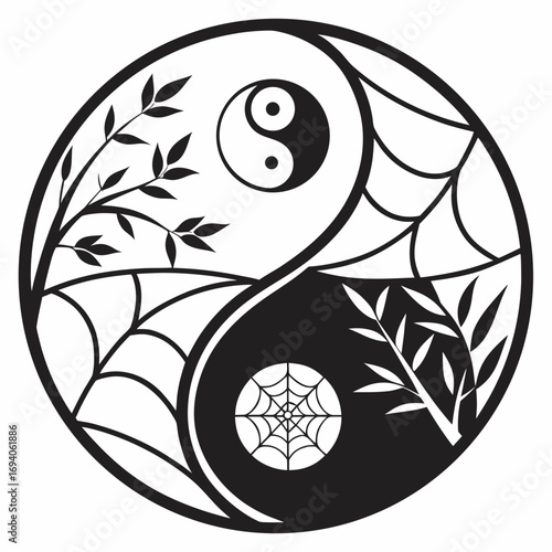Yin Yang with Leaves and Spiderwebs symbol balance