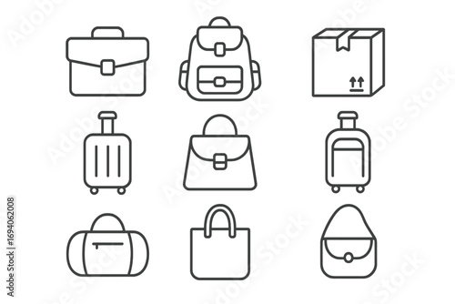 Bags thin line icon set. Briefcase, backpack, luggage, package, handbag outline symbols. Vector graphic elements for web design, apps, UI, UX. Travel and business bags.