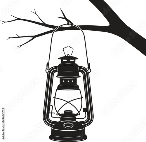 Hanging Lantern on Tree Branch Silhouette – Vintage Oil Lamp Vector Illustration 