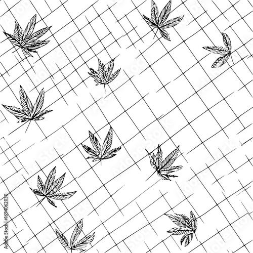 Diagonal grid with scattered cannabis leaves in a black and white hand drawn style design pattern image