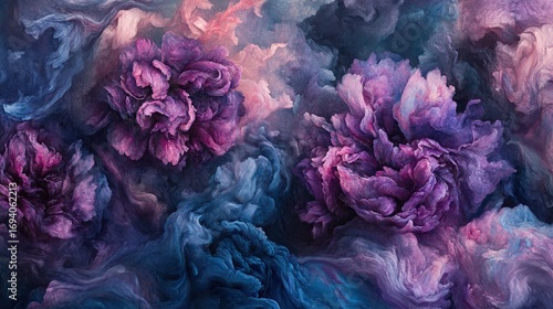 Abstract floral ink swirls, purple, blue, background design, art