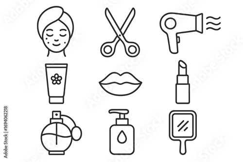 Beauty line icon collection. Vector outline signs for cosmetics, makeup, skincare, spa, and hair salon. Symbols of lipstick, perfume, scissors, hairdryer for graphic design, apps.