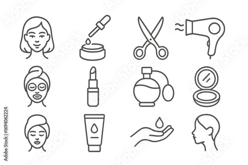 Beauty line icon set. Skincare, cosmetics, hairdressing outline pictogram. Face mask, cream, lipstick, perfume, hairdryer, scissors signs for web, app design. Vector.