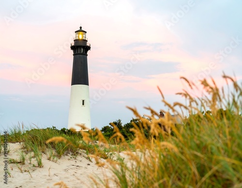 Lighthouse at sunset over a sandy beach