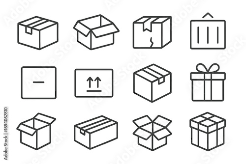 Box thin line icon set. Package, parcel and giftbox outline signs. Open, closed, broken and fragile container for delivery, shipping, logistics. Vector pictogram symbol.