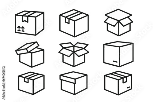 Box and package icon set in a modern outline style. Vector symbols for delivery service, shipping, and packaging concepts. Includes open, closed, and cardboard parcel graphics.