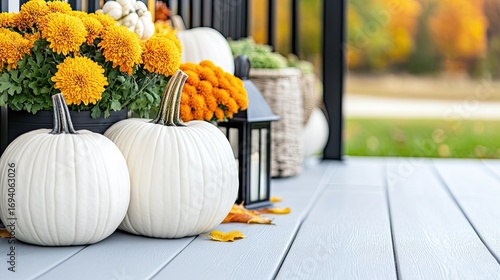Vibrant pumpkins and colorful mums create a festive atmosphere on a charming front porch decorated for autumn