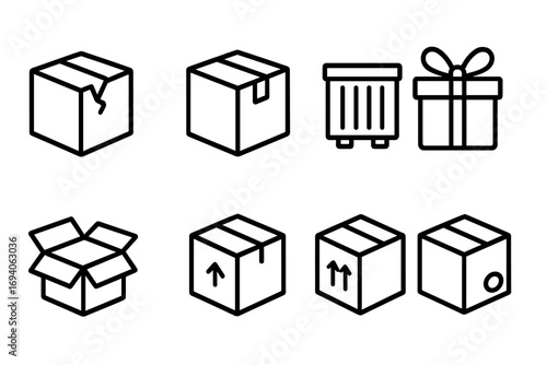 Box line icon set. Shipping parcel and delivery service signs. Vector package, container, giftbox and fragile cargo outline symbols. Open, closed and broken box pictogram.