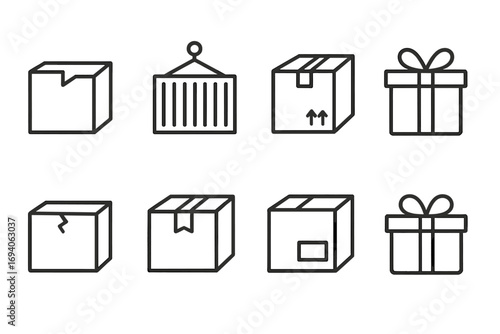 Box and packaging line icon set. Vector outline signs for logistics, shipping, and delivery. Includes cardboard parcel, cargo container, gift box, and damaged package.