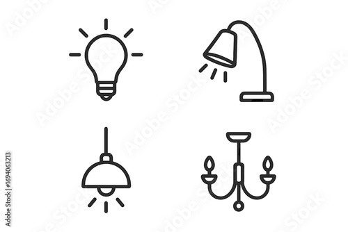 Illumination line icon set. Light bulb, desk lamp, pendant, and chandelier outline symbols for graphic design. Vector icons for idea, energy, electricity, and home decor.