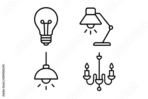 Illumination line icon set with light bulb, desk lamp, pendant light, and chandelier. Outline vector signs for graphic design, web, apps. Concept for idea, energy, electricity.