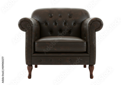 Dark Brown Leather Armchair Classic Design Elegant Style on transparent background