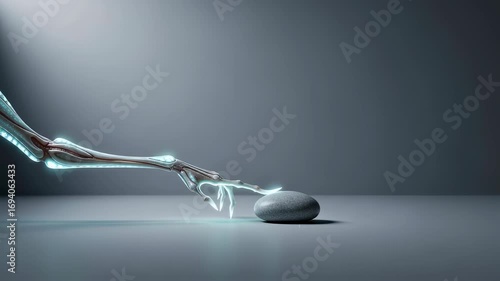 Alien hand with bioluminescent features probing a mysterious glowing stone. Extraterrestrial life and advanced technology concept footage.