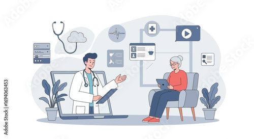 Telemedicine consultation between doctor and patient using modern technology.