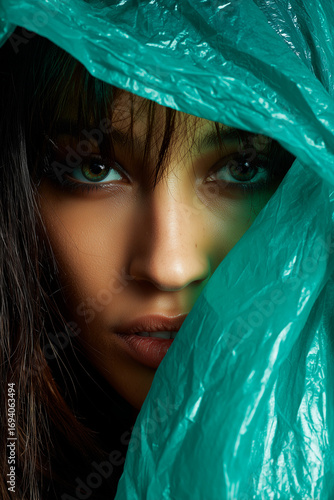 A woman's face partially obscured by a green plastic bag.