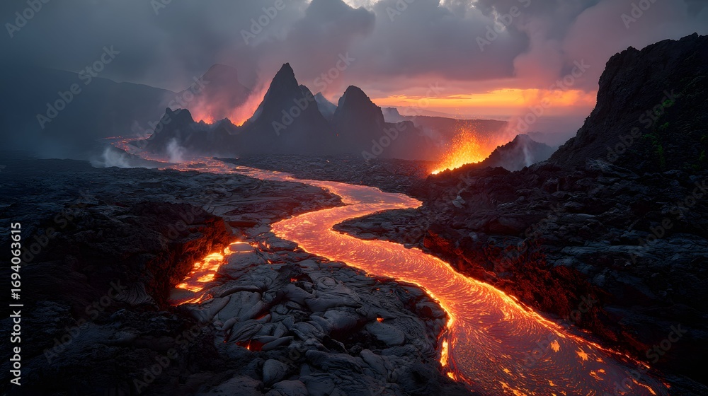 Fototapeta premium Volcanic lava flows glow bright orange carving channels beneath smoky dusk with rising steam.